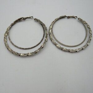 Vintage Silver Tone Oversized 2.5" Textured Double Hoop Earrings